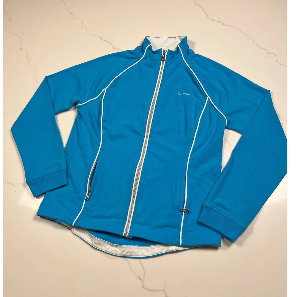 Lauren Ralph Lauren Active Track Jacket Womens Blue Full Zip White Piping L-RL